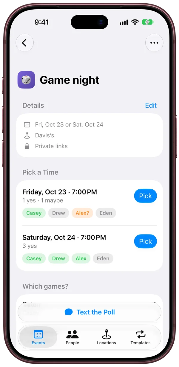 A Game night poll: Friday, October 23 at 7:00 PM with 1 yes and 1 maybe, and Saturday, October 24 at 7:00 PM with 3 yeses, each with a Pick button.