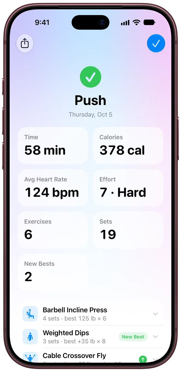FITTR’s summary of a Push workout on Thursday, October 5, with a Share button: 58 min, 378 calories, 124 bpm average heart rate, effort 7 · Hard, 6 exercises, 19 sets and 2 new bests, then each exercise’s best set.