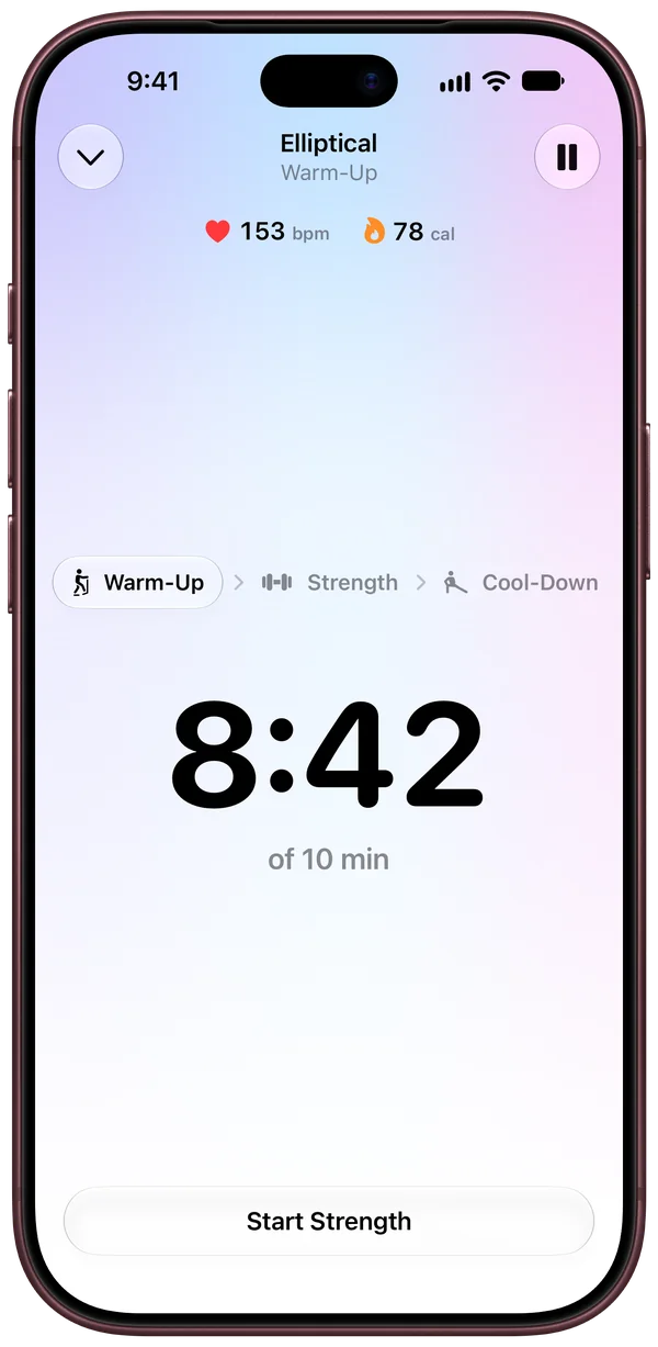 FITTR on iPhone during the elliptical warm-up: 153 bpm and 78 calories, 8:42 of 10 min, with the workout’s three parts, warm-up, strength and cool-down, and a Start Strength button.