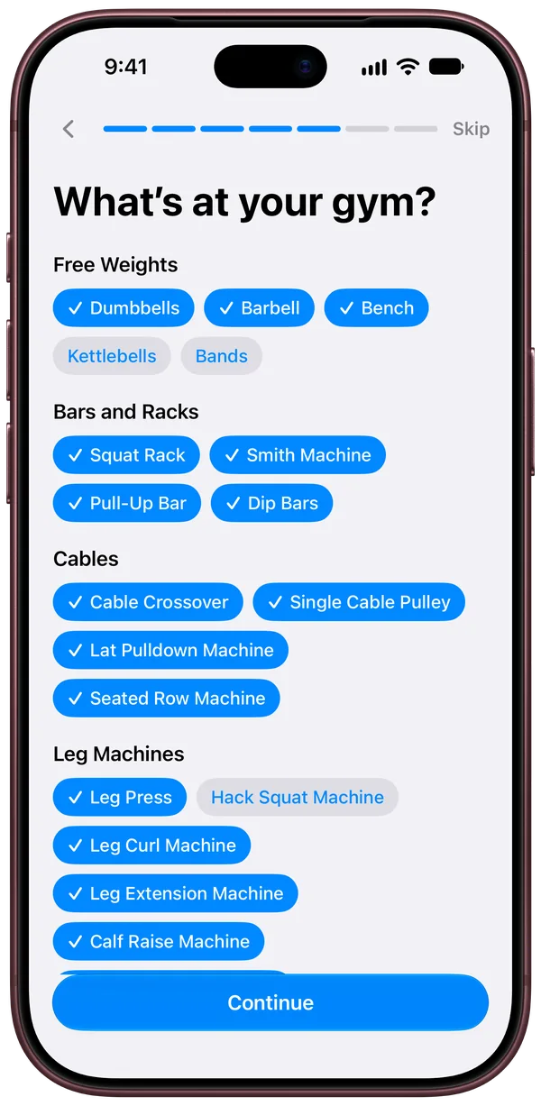 FITTR’s setup for a new user: What’s at your gym?, with free weights, bars and racks, cables and leg machines to tick. Most are ticked, and kettlebells, bands and the hack squat machine are left off.