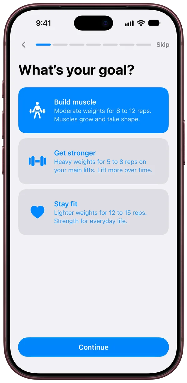 FITTR setting up a plan on iPhone: What’s your goal?, with Build muscle picked.
