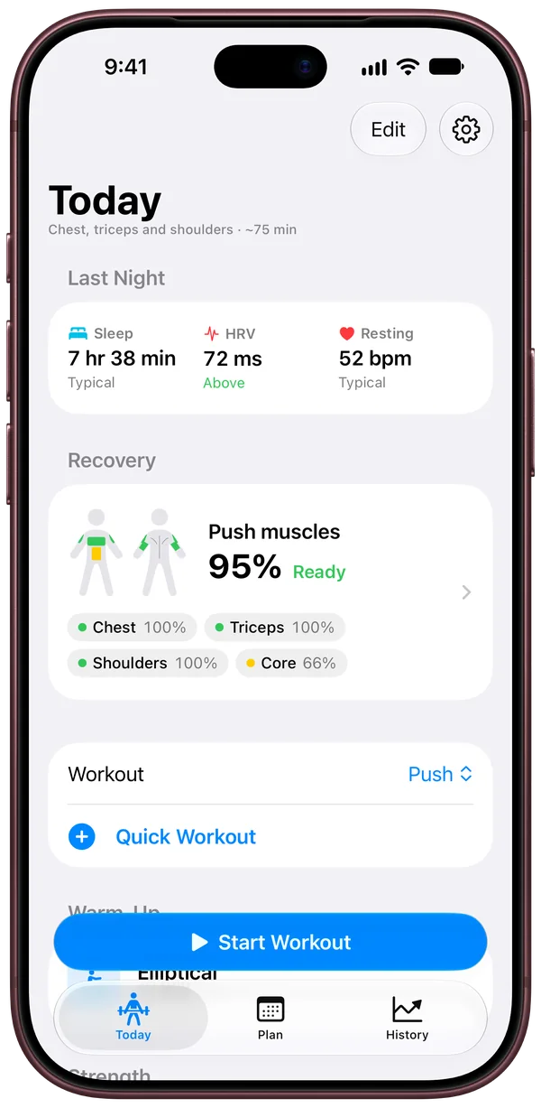 FITTR’s Today page: last night’s sleep of 7 hr 38 min and resting heart rate of 52 bpm, both typical, and HRV of 72 ms, above typical, then Recovery showing Push muscles 95% ready, with chest, triceps and shoulders at 100% and core at 66%, then the day’s workout, Push, and Quick Workout.