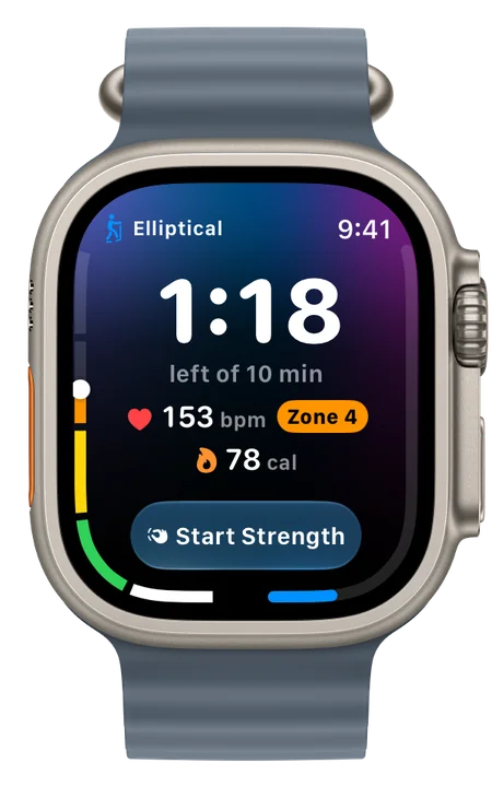 FITTR on Apple Watch during an elliptical warm-up.