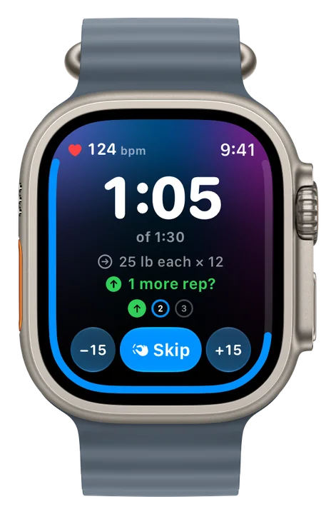 FITTR on Apple Watch Ultra during the same rest: 124 bpm, 1:05 of 1:30, the next set of 25 lb each × 12 and the trainer’s “1 more rep?”, with −15, Skip and +15 buttons.