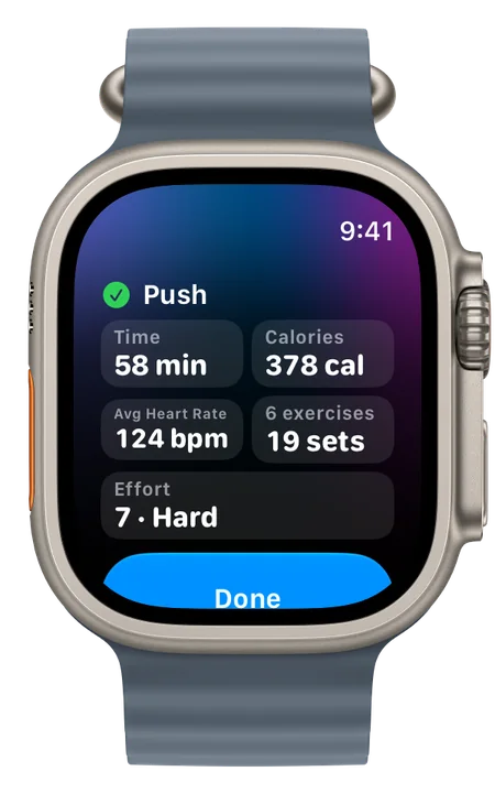 FITTR on Apple Watch Ultra after a Push workout: 58 min, 378 calories, 124 bpm average heart rate, 6 exercises, 19 sets and effort 7 · Hard, with a Done button.