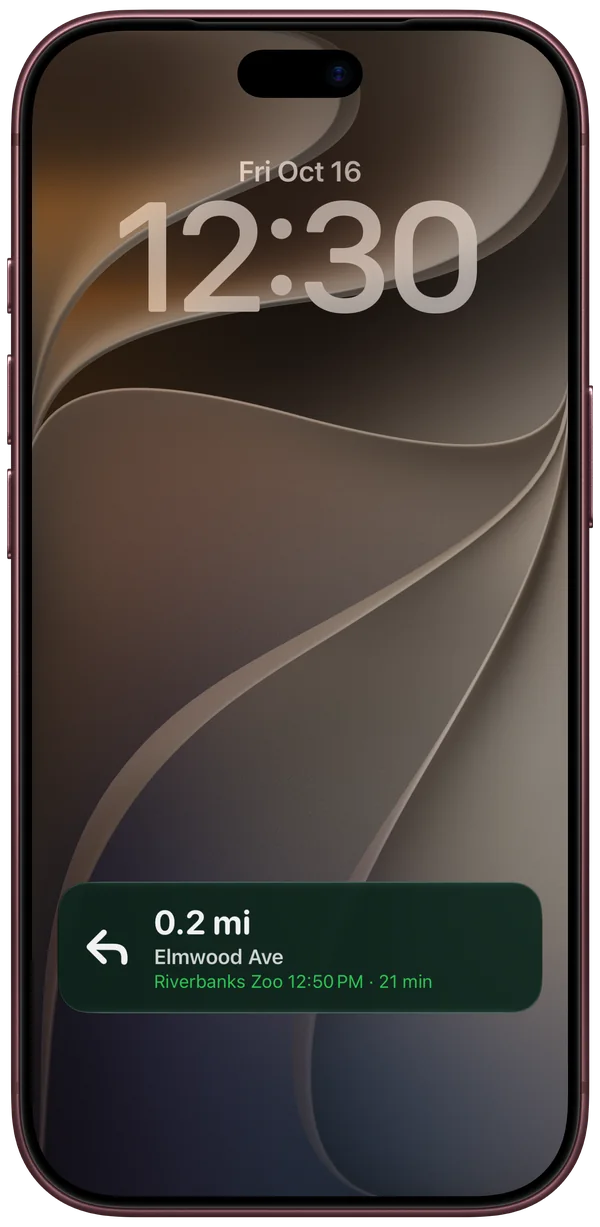 The iPhone Lock Screen at 12:30 on Friday, October 16, with HUD Map’s next turn in 0.2 mi onto Elmwood Ave, and Riverbanks Zoo at 12:50 PM, 21 min away.