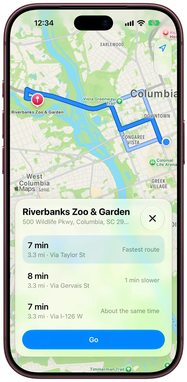 Three routes to Riverbanks Zoo & Garden: 7 min via Taylor St, the fastest; 8 min via Gervais St, 1 min slower; and 7 min via I-126 W, about the same time. A Go button is below.