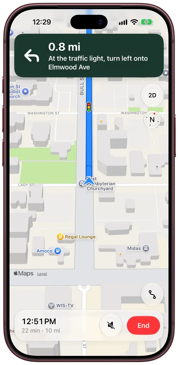 HUD Map on iPhone during a drive: in 0.8 mi, at the traffic light, turn left onto Elmwood Ave, with the light marked on the map. Arrival is at 12:51 PM, 22 min and 10 mi away.