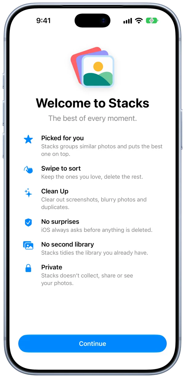 Stacks on iPhone: the welcome screen.
